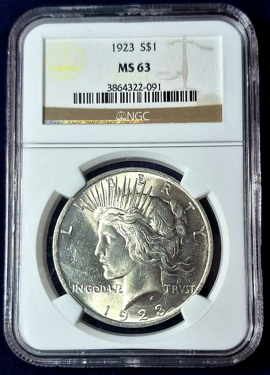 1923 NGC Exceptional MS63 90% Silver Peace Dollar Rare Yellow Scale = (⭐ Label )