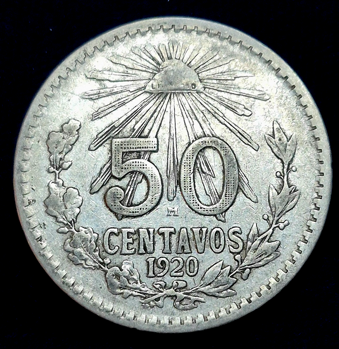 Mexico 50 Centavos 1920 .720 Silver Coin XF Features KM#447