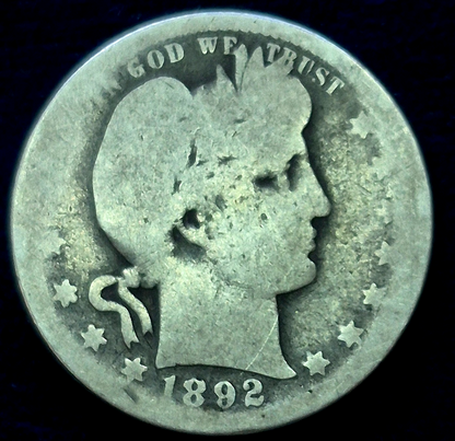 1892-O BARBER Silver Quarter 90% Silver AG Features First Year Of The Barbers