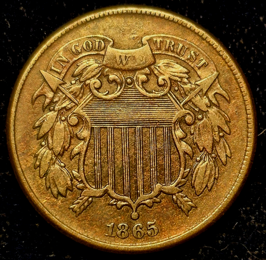 1865 2 Cent Piece Bold XF-AU Features, Hard To Find  "We", First Coin With Motto