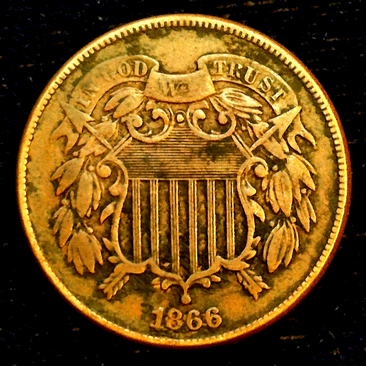 1866 2 Cent Piece Crisp VF+ Features, Partial "We", First Coin Minted With Motto
