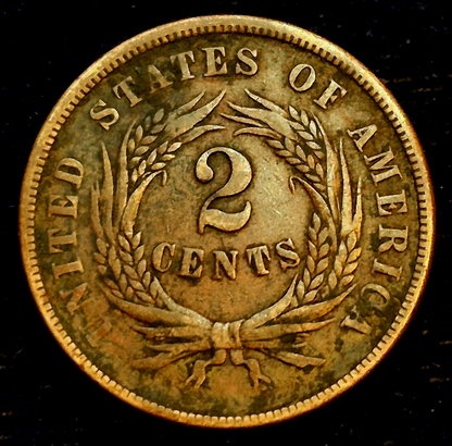 1866 2 Cent Piece Crisp VF+ Features, Partial "We", First Coin Minted With Motto