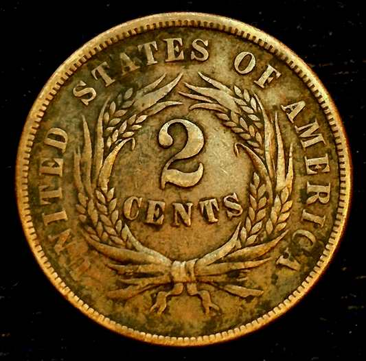 1866 2 Cent Piece Crisp VF+ Features, Partial "We", First Coin Minted With Motto