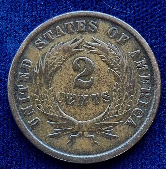 1864 2 Cent Piece Nice F-VF Features, Large Motto, Civil War Era, 1st With Motto
