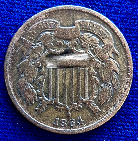 1864 2 Cent Piece Fine+ Features, Large Motto, Civil War Era, 1st With Motto
