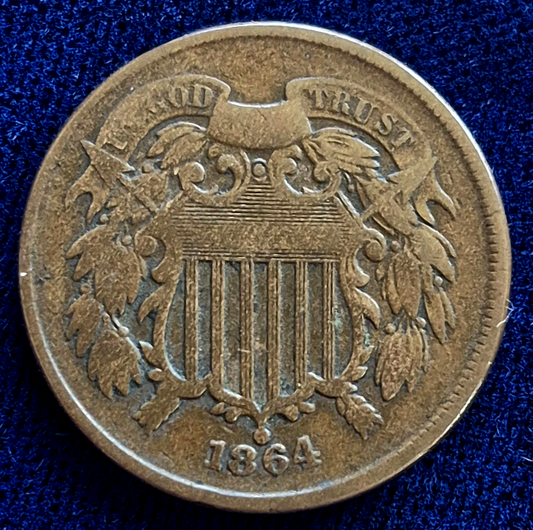 1864 2 Cent Piece Fine+ Features, Large Motto, Broadstrike Error, Civil War Era
