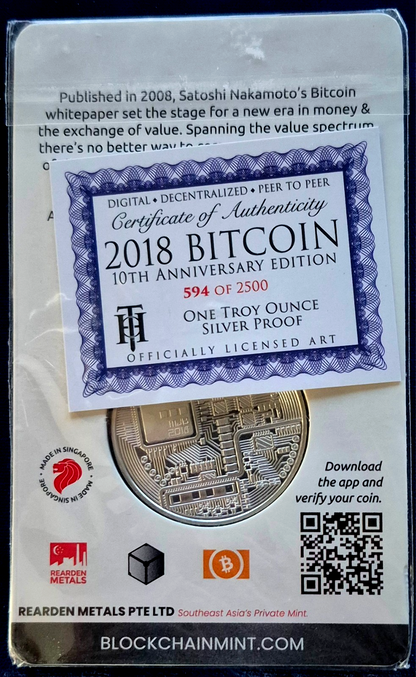 2018 Bitcoin 1 oz 99.99 Silver Round Coin Blockchain Mint Ltd 594/2500 COA & TEP