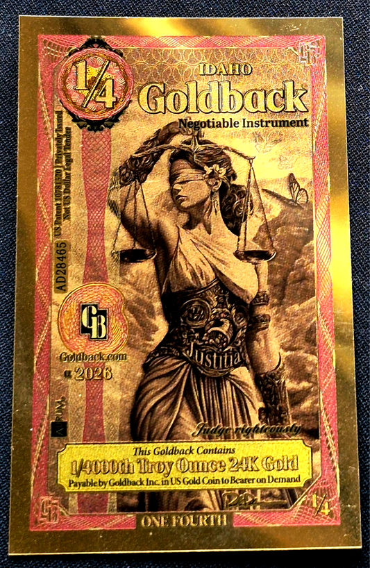 2026 - 1/4 IDAHO Goldback Aurum Gold Foil Note 1/4000 oz 24kt .999 Fine First YR