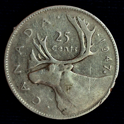 1947 Maple Leaf Canada Quarter 25 Cents Silver .800 King George Harder Date