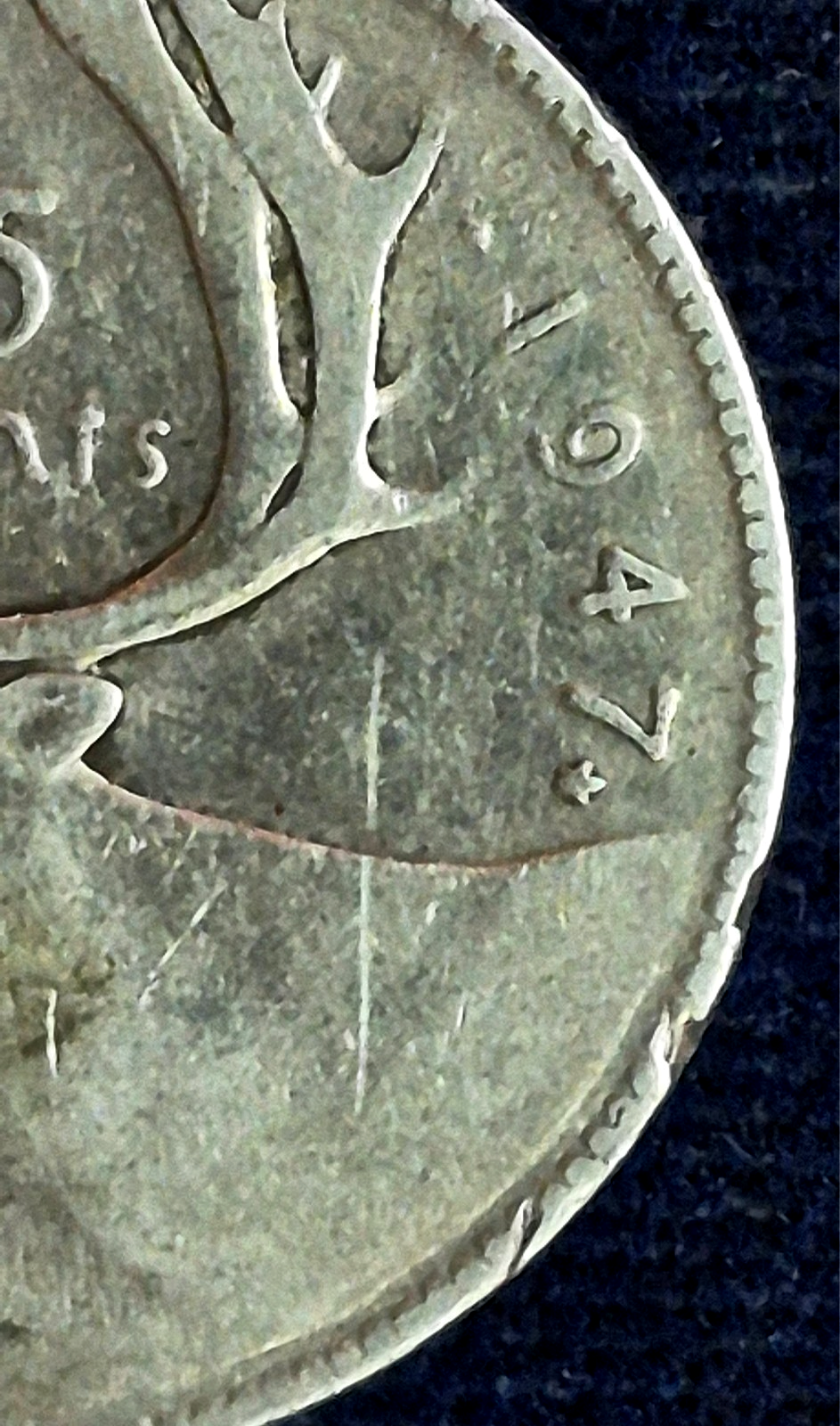 1947 Maple Leaf Canada Quarter 25 Cents Silver .800 King George Harder Date