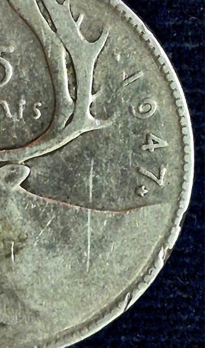1947 Maple Leaf Canada Quarter 25 Cents Silver .800 King George Harder Date