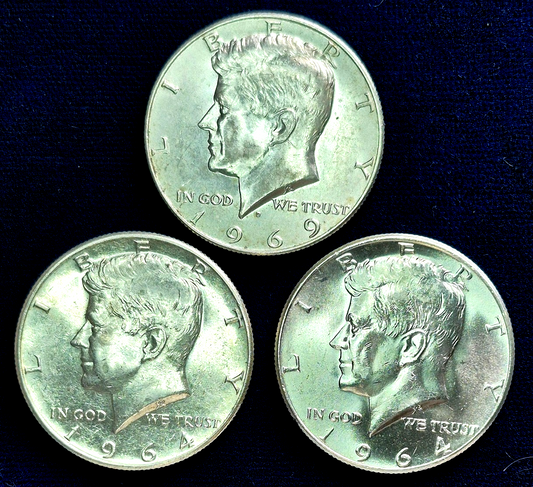 Silver Kennedy Half Dollar Lot - (2) 1964 90% Silver & (1) 1964-D 40% Silver 50C