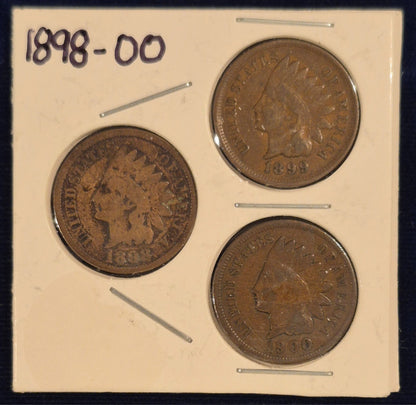 1898-1899-1900 LOT OF (3) INDIAN HEAD CENTS , G-VG Features, Exact Coins Shown
