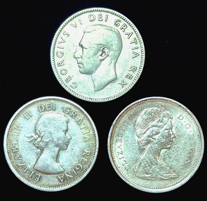 Canada 80% Silver Quarters Lot Of 3 1949-1962-1966 George VI Elizabeth Type I/II