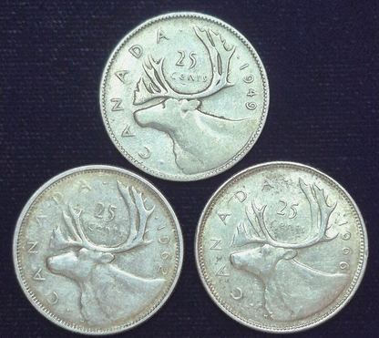 Canada 80% Silver Quarters Lot Of 3 1949-1962-1966 George VI Elizabeth Type I/II