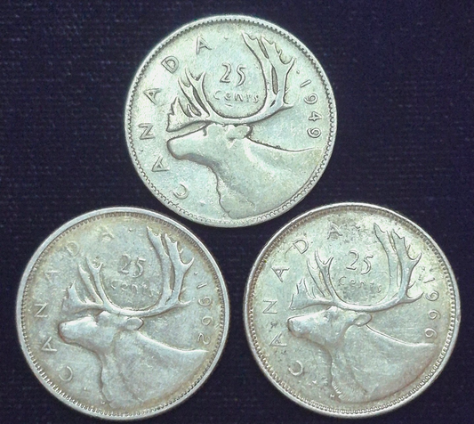 Canada 80% Silver Quarters Lot Of 3 1949-1962-1966 George VI Elizabeth Type I/II