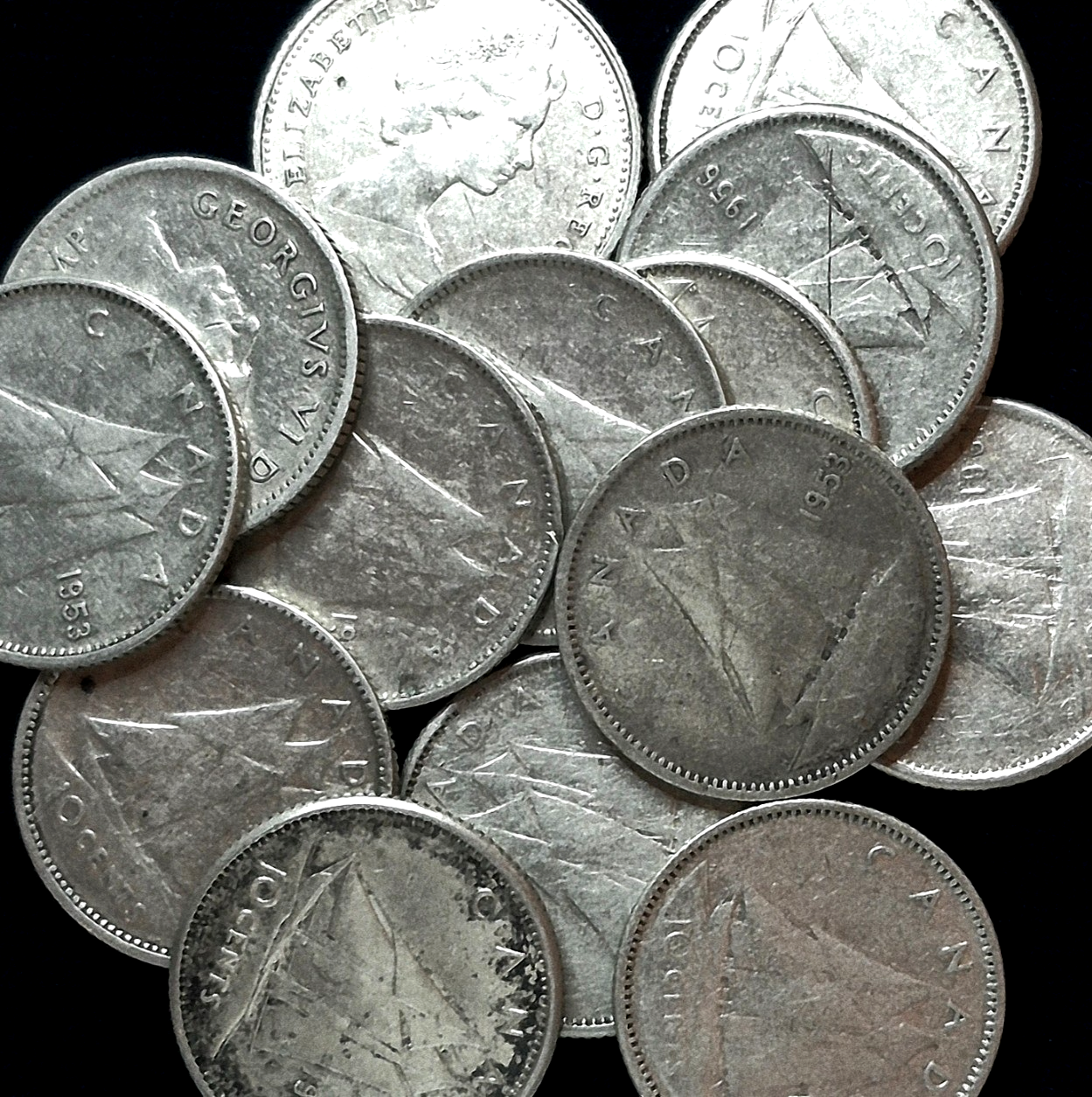 Lot of 14 Canadian Silver Dimes Various Dates Between 1941 to 1966 80% Silver