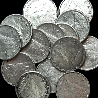 Lot of 14 Canadian Silver Dimes Various Dates Between 1941 to 1966 80% Silver