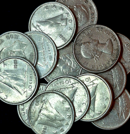 Lot of 14 Canadian Silver Dimes Various Dates Between 1941 to 1966 80% Silver