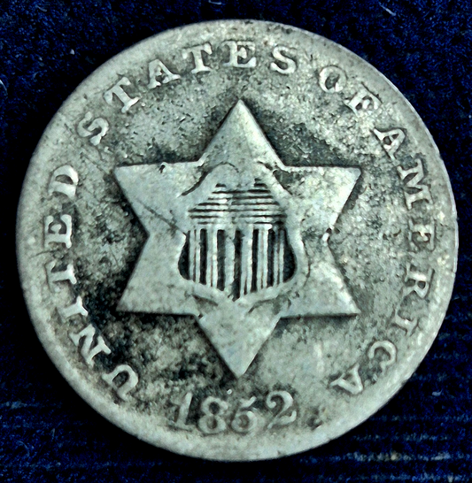 1852 3 Cent Silver U.S. Coin, Variety One .750 Silver Trime VG-F Features