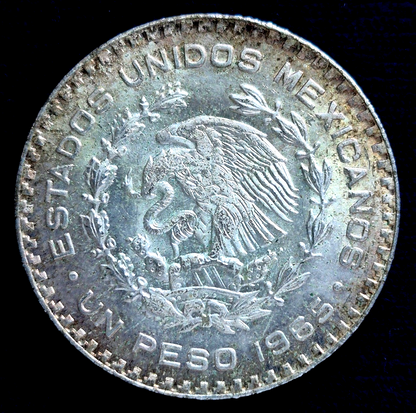 Mexico 1965  Un Peso Silver Coin Natural Toned Crisp MS BU Features Plata VIDEO