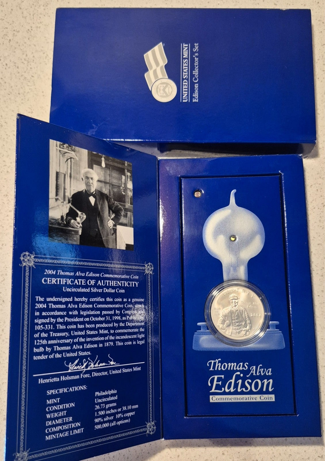 2004 THOMAS ALVA EDISON COMMEMORATIVE DOLLAR 90% SILVER US MINT COLLECTOR'S SET