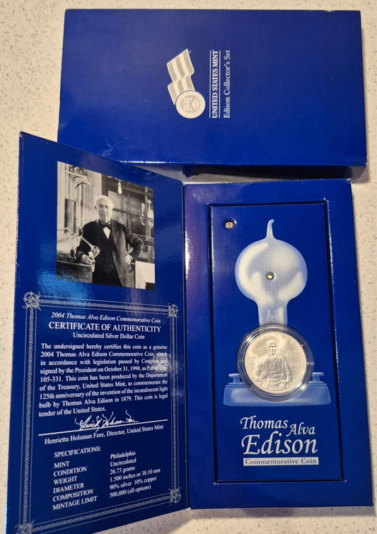 2004 THOMAS ALVA EDISON COMMEMORATIVE DOLLAR 90% SILVER US MINT COLLECTOR'S SET