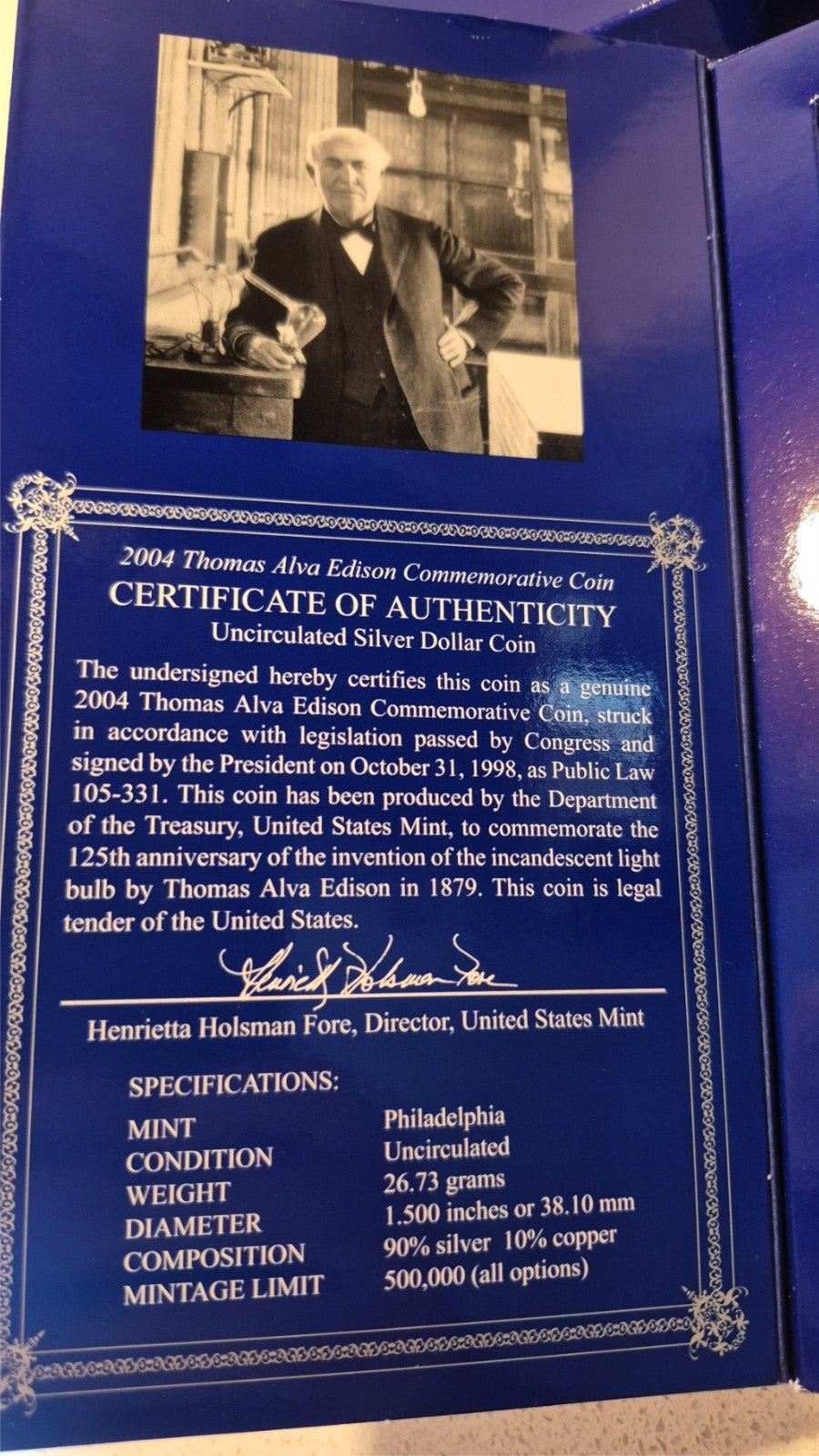 2004 THOMAS ALVA EDISON COMMEMORATIVE DOLLAR 90% SILVER US MINT COLLECTOR'S SET