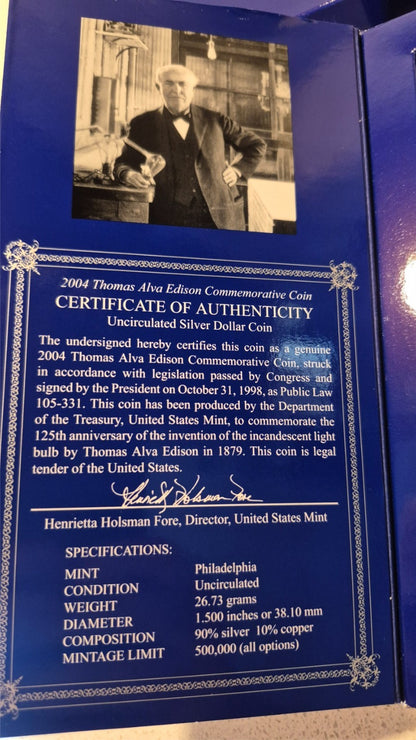 2004 THOMAS ALVA EDISON COMMEMORATIVE DOLLAR 90% SILVER US MINT COLLECTOR'S SET