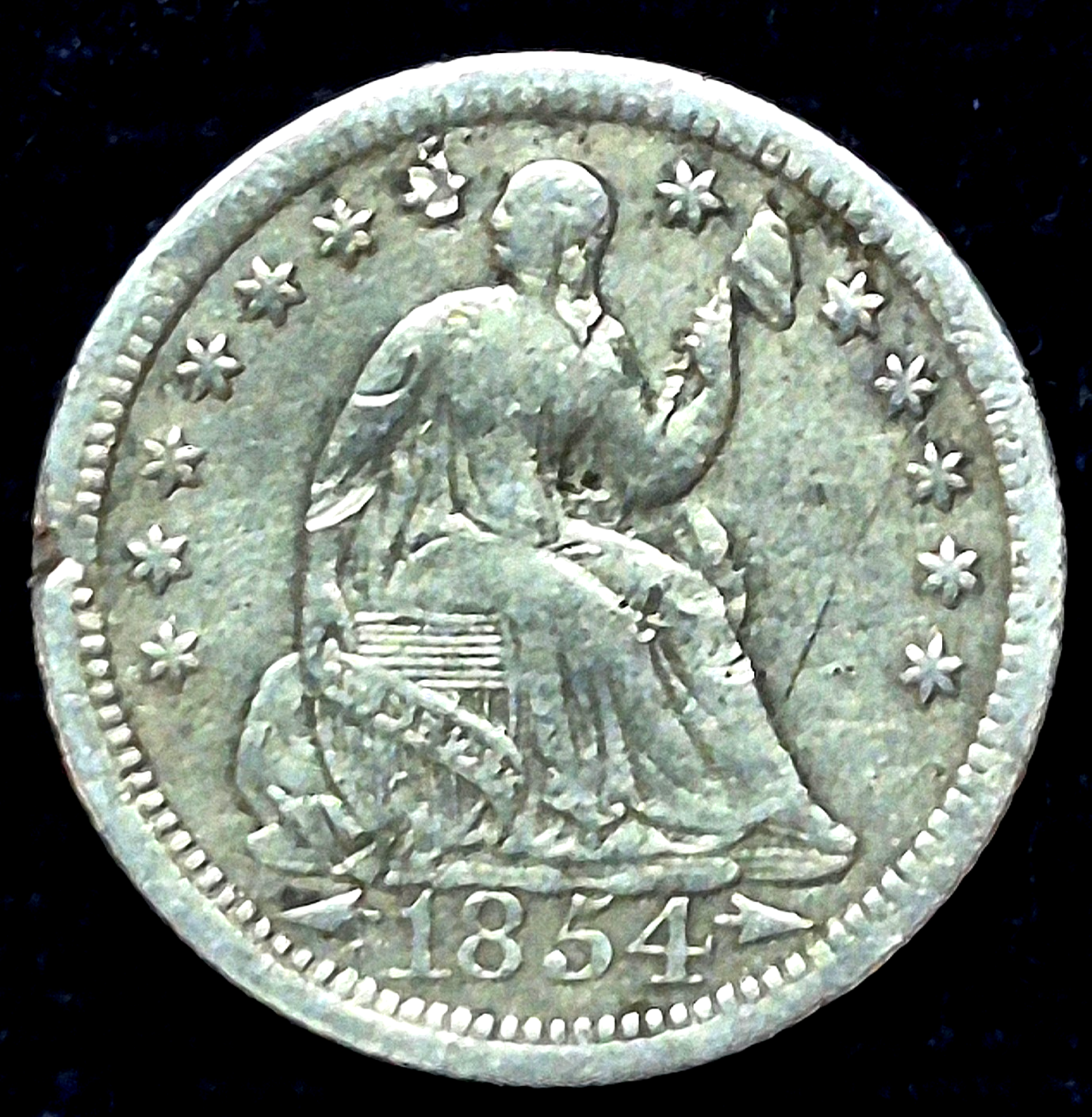 1854 Seated Liberty Half Dime Fine Features 90% Silver, Variety 3 Arrows at Date