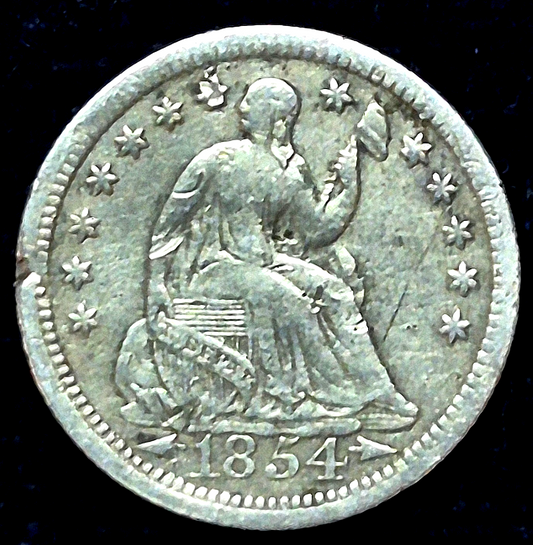 1854 Seated Liberty Half Dime Fine Features 90% Silver, Variety 3 Arrows at Date