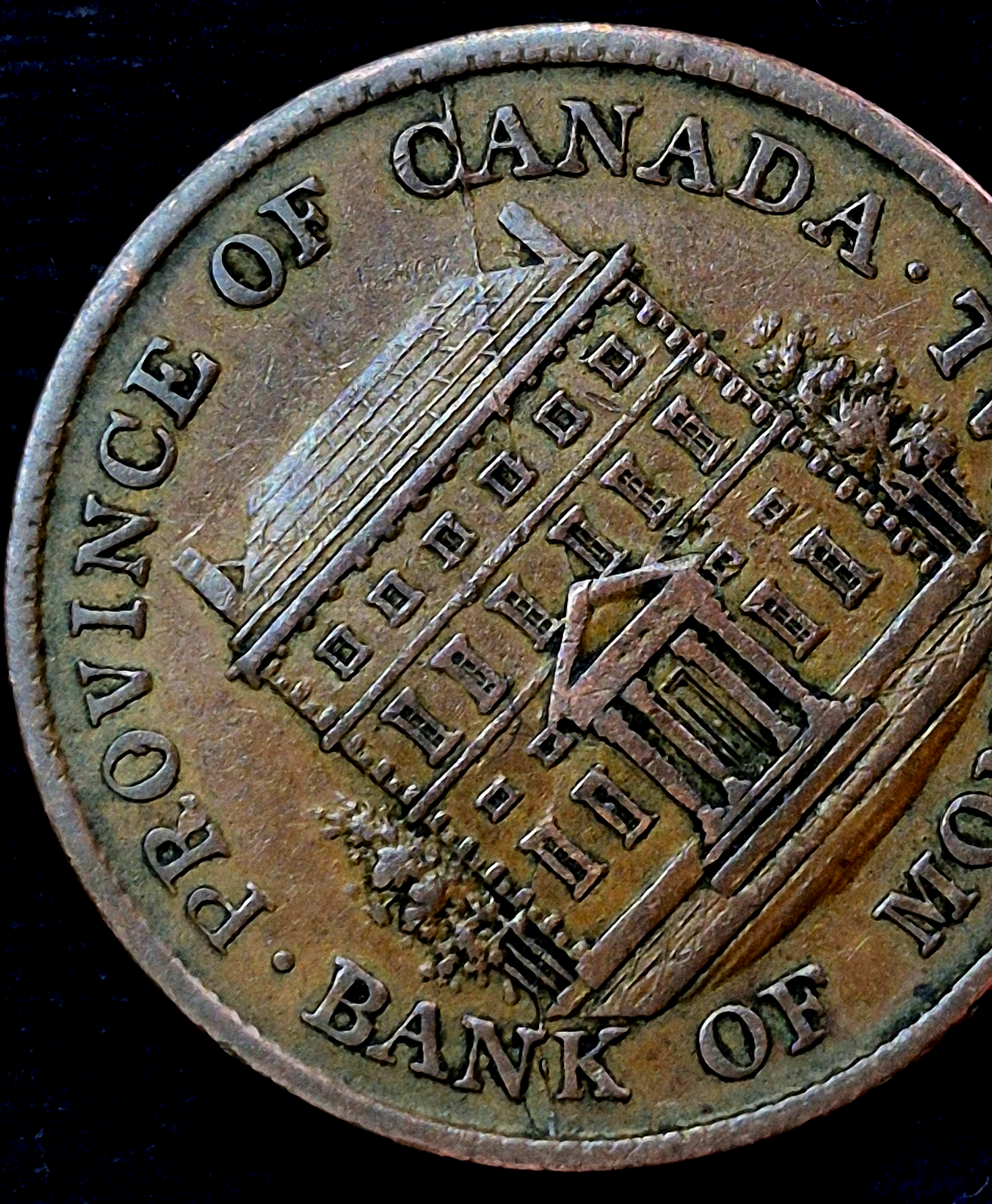 1842 Canadian Half Penny Token, Incredible Rim to Rim Die Crack, PC-1A3 Variety
