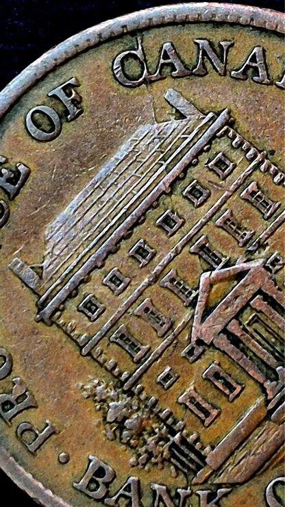 1842 Canadian Half Penny Token, Incredible Rim to Rim Die Crack, PC-1A3 Variety