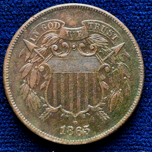 1865 2 Cent Piece Strong AU-MS Features, Harder To Find "We", First Coin W/Motto