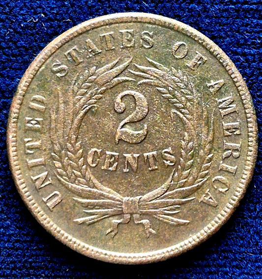 1865 2 Cent Piece Strong AU-MS Features, Harder To Find "We", First Coin W/Motto