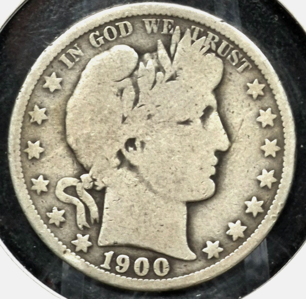 1900 O Barber Half Dollar 90% Silver 50C Very Good Features Full Rim Part Motto