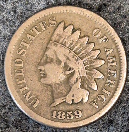 1859 Indian Head Cent First Year VG Features Partial Liberty Coin Shown