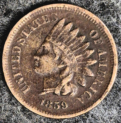 1859  INDIAN CENT FIRST YEAR XF FEATURES TYPE ONE LAUREL WREATH REVERSE 1C