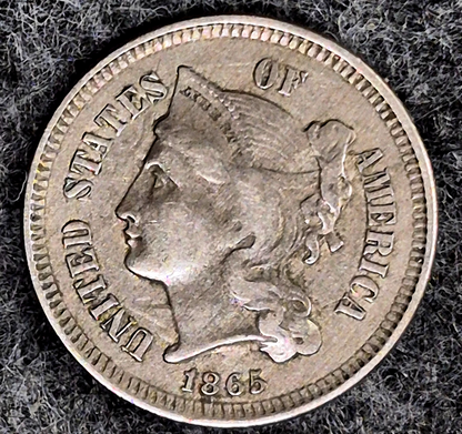 1865 First Year 3 Cent Nickel Fine+ Features Full Liberty & Clear Headband