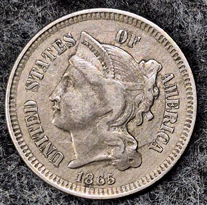 1865 First Year 3 Cent Nickel Fine+ Features Full Liberty & Clear Headband