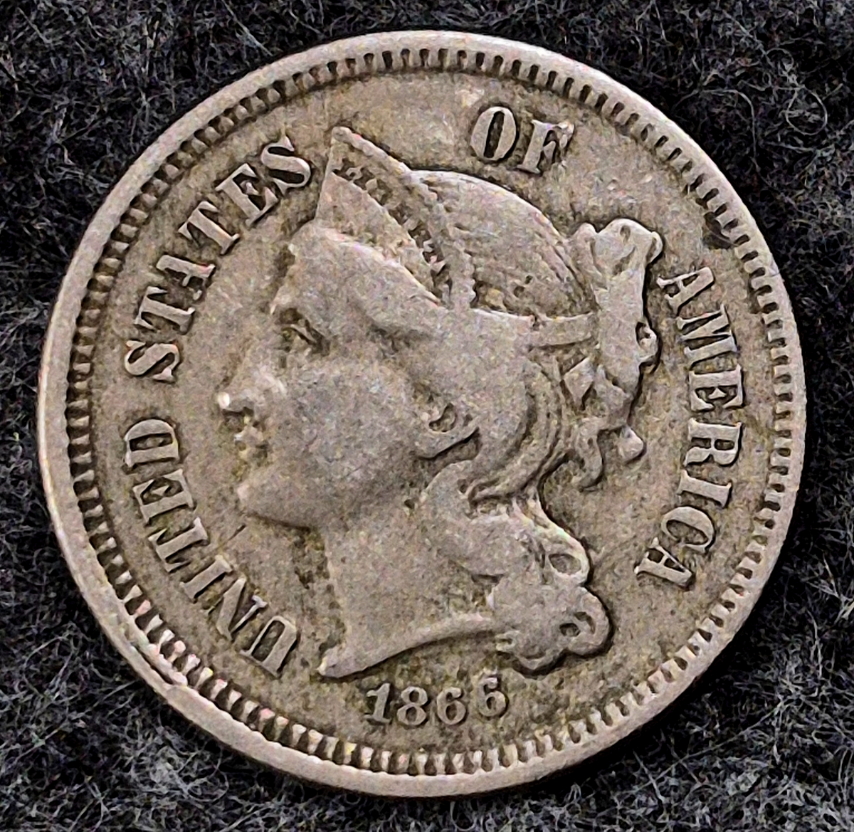 1866 Three Cent Nickel Very Fine Features Full Liberty, Strong Pillar Lines 3C