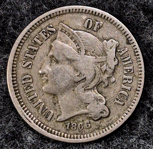 1866 Three Cent Nickel Very Fine Features Full Liberty, Strong Pillar Lines 3C