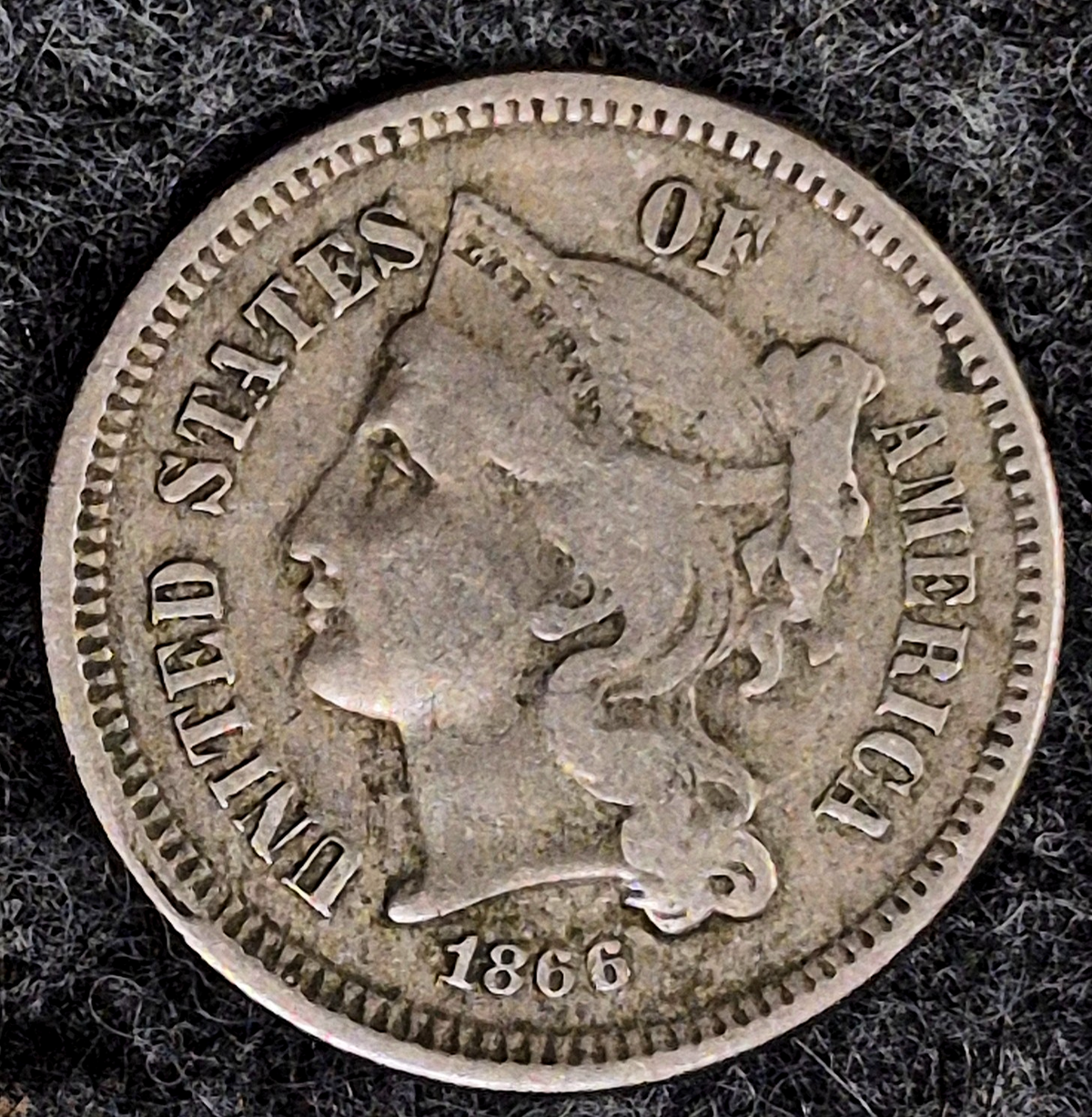 1866 Three Cent Nickel Very Fine Features Full Liberty, Strong Pillar Lines 3C