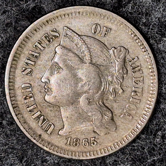 1865 First Year 3 Cent Nickel Very Fine Features Full Liberty & Lotta Hair 3C