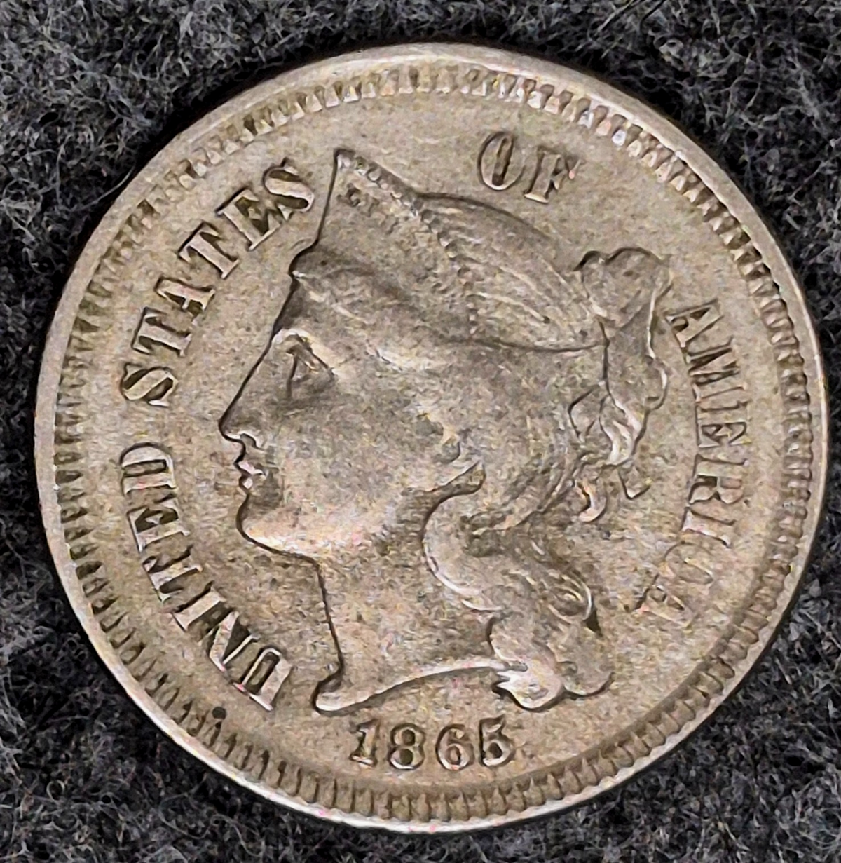 1865 First Year 3 Cent Nickel Very Fine Features Full Liberty & Lotta Hair 3C
