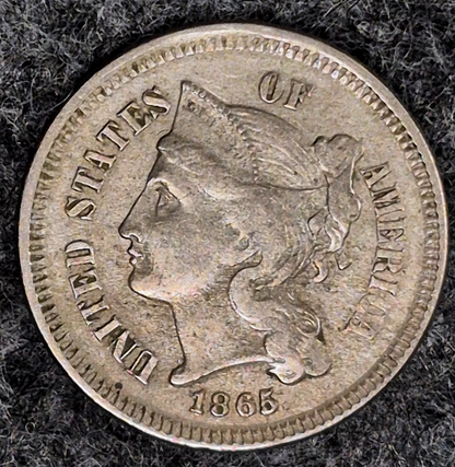 1865 First Year 3 Cent Nickel Very Fine Features Full Liberty & Lotta Hair 3C