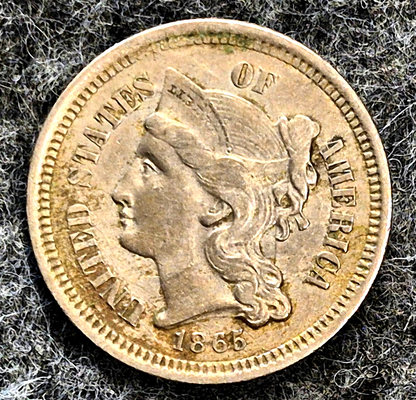 1865 First Year 3 Cent Nickel VF-XF Features, Die Break/Delamination Reverse 3C