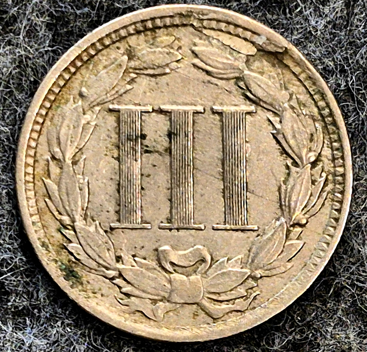 1865 First Year 3 Cent Nickel VF-XF Features, Die Break/Delamination Reverse 3C