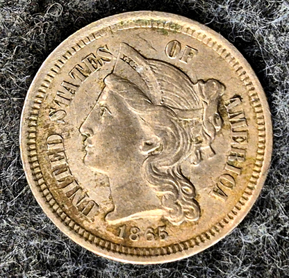 1865 First Year 3 Cent Nickel VF-XF Features, Die Break/Delamination Reverse 3C