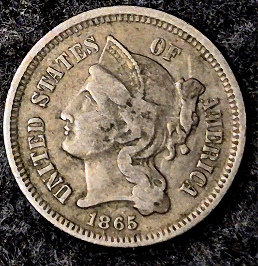 1865 First Year 3 Cent Nickel Fine Features Full Liberty & Clear Headband